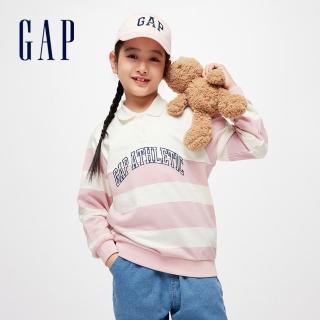 【GAP】女童裝 Logo印花翻領長袖上衣-粉白條紋(891596)