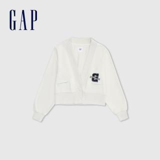【GAP】女裝 Log印花V領針織外套 碳素軟磨法式圈織系列-米白色(430345)