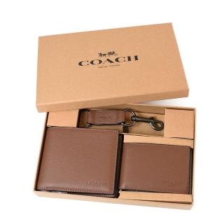 【COACH】男款 荔枝紋真皮短夾/證件夾/鑰匙圈禮盒組-棕色