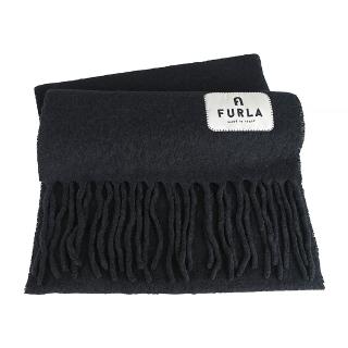 【FURLA 芙拉】FURLA Moon黑字LOGO羊毛混紡流蘇邊緣設計披肩 /圍巾(黑)