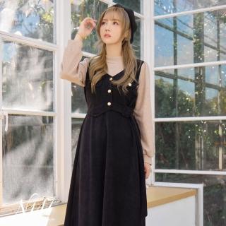 【N147】學院風假兩件燈芯絨長袖長洋裝《P478》香奈黑(韓國女裝/現貨商品)