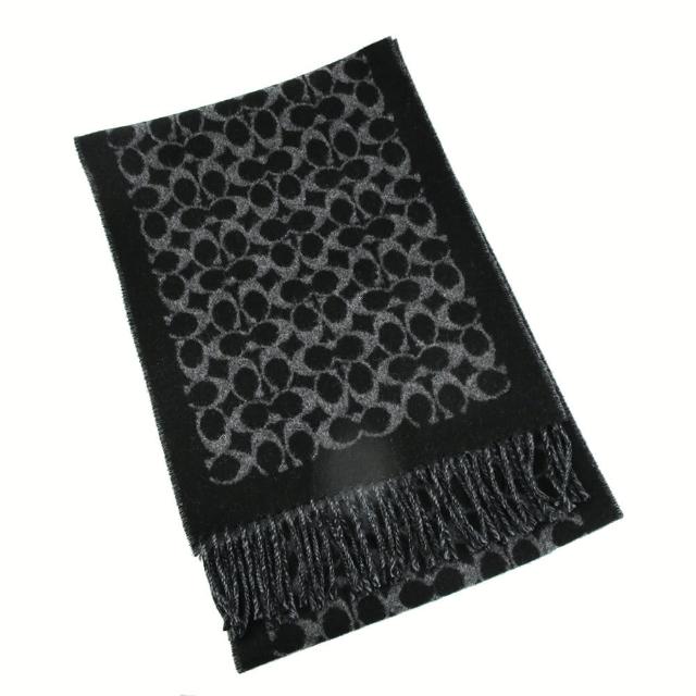 【COACH】新款素面框滿版LOGO羊毛圍巾(黑灰)