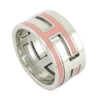 【Hermes 愛馬仕】925純銀-粉紅色琺瑯瓷MOVE H寬版戒指(展示品)