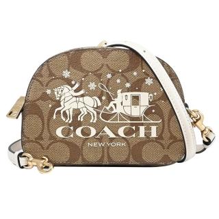 【COACH】大馬車LOGO印花皮革迷你斜背包(駝/白)