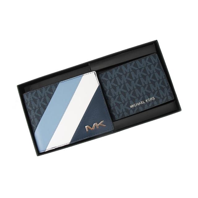 【Michael Kors】送原廠禮盒-GIFTING新款斜紋十卡短夾-含一可拆式ID夾(藍白)