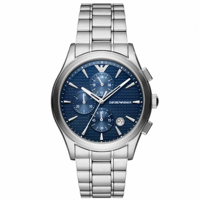 【EMPORIO ARMANI】亞曼尼 公司貨 紳士品味三眼計時不鏽鋼腕錶/銀x藍面(AR11528)