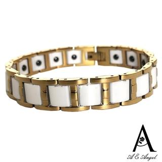 【ANGEL】黑赭石寬版鈦鋼電鍍金白陶瓷手環(金色)