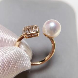 【赫本珠寶】絕美方鑽圓珍珠戒指(K金微鑲工藝)
