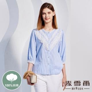 【MYVEGA 麥雪爾】蕾絲條紋寬鬆五分袖上衣-淺藍(2024春夏新品)