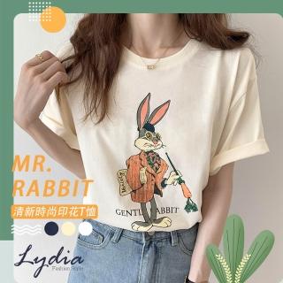 【Lydia】現貨 短袖寬鬆上衣 韓版夏季時尚 卡通兔子印花(白/杏/藍 F)