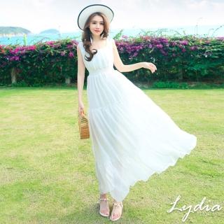 【Lydia】現貨 連身洋裝 雪紡洋裝 無袖洋裝 修身時尚收腰(白/綠 F)