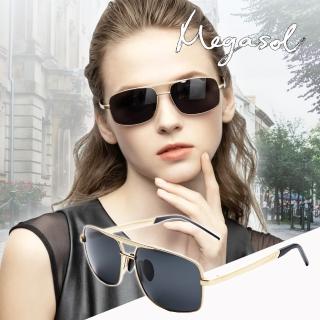 【MEGASOL】UV400防眩偏光太陽眼鏡時尚中性飛行員款墨鏡(帥氣矩形大方框流線金屬鏡架201910-5色選)