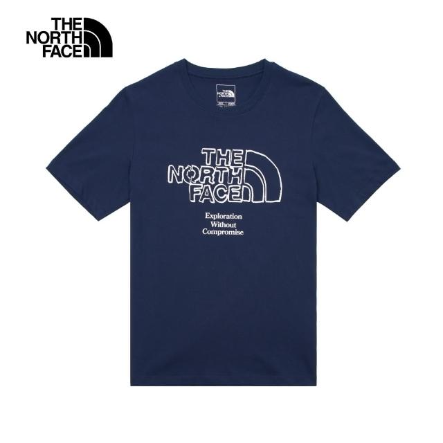 【The North Face】北面男女款藍色胸前經典品牌LOGO印花休閒短袖T恤｜8AUX8K2