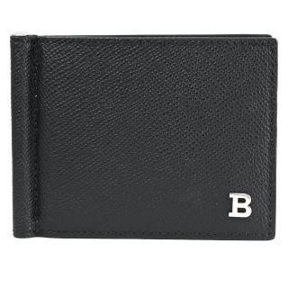 【BALLY】簡約金屬B字LOGO牛皮8卡金屬鈔票夾簡式短夾(黑)
