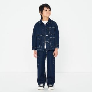 【MUJI 無印良品】兒童吉貝木棉混丹寧寬版褲(暗藍)