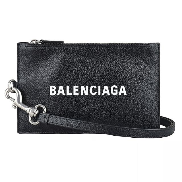 【Balenciaga 巴黎世家】BALENCIAGA 白字LOGO牛皮拉鏈掛繩證件零錢包(黑)