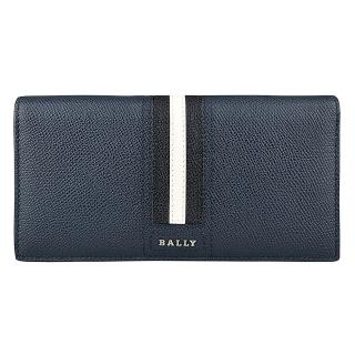 【BALLY】BALLY TALIRO銀字LOGO條紋設計防刮牛皮10卡對折長夾(藍x黑白條紋)