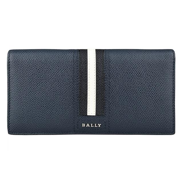 【BALLY】BALLY TALIRO銀字LOGO條紋設計防刮牛皮10卡對折長夾(藍x黑白條紋)