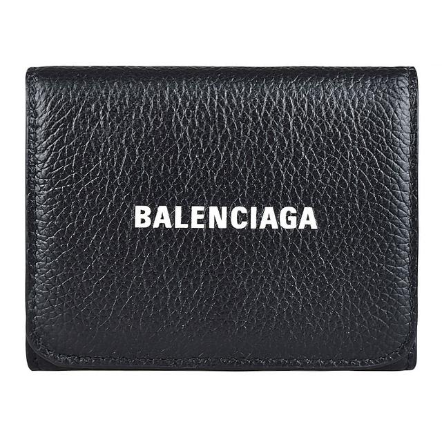 【Balenciaga 巴黎世家】Balenciaga CASH字母LOGO牛皮3卡釦式三折短夾(黑)