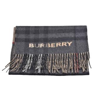 【BURBERRY 巴寶莉】經典雙色格紋喀什米爾羊毛流蘇圍巾(灰/駝色8045171)