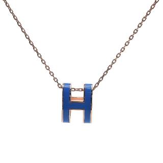 【Hermes 愛馬仕】經典Pop H立體簍空橢圓LOGO項鍊(藍/玫瑰金H147991F-BLEU-ROSE)