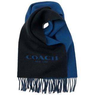 【COACH】經典字母 LOGO素面羊毛流蘇圍巾(黑/深藍)