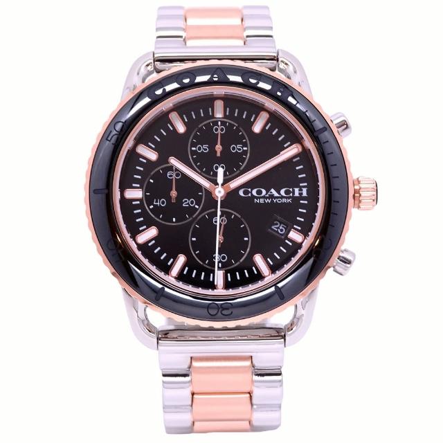 【COACH】COACH 美國頂尖精品簡約時尚三眼計時陶瓷腕錶-黑+玫瑰金-14602597
