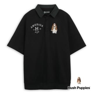 【Hush Puppies】男裝 POLO衫 雙圖騰刺繡狗寬鬆拉克蘭袖POLO衫(黑色 / 43101105)