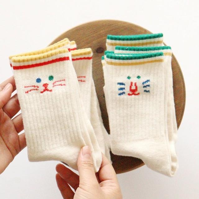 【韓國 KOKACHARM】彩色線條貓咪表情兒童大童短襪2雙組(TM2401-035)