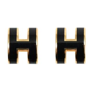 【Hermes 愛馬仕】MINI POPH 經典H LOGO造型橢圓時尚耳環(金/黑)