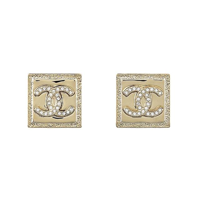 【CHANEL 香奈兒】CHANEL 立體雙C LOGO方形相框設計鑽鑲飾穿式耳環(金)