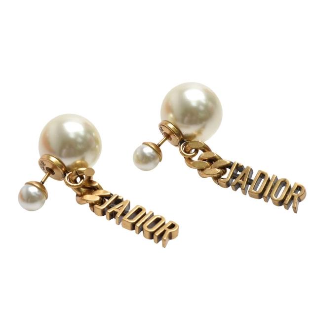 【Dior 迪奧】經典古銅色金屬鍊條JADIOR大小珍珠造型穿式耳環(金E1144TRICY_D908)