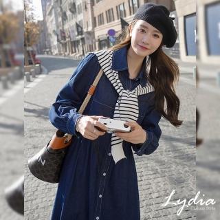 【Lydia】現貨 連身洋裝 長袖洋裝 韓版時尚氣質牛仔洋裝 附披肩(深藍 F)