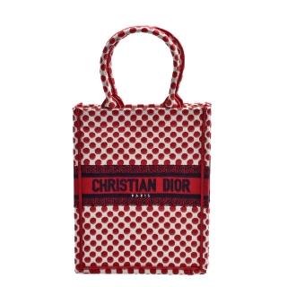 【Dior 迪奧】Dioramour BOOK TOTE系列圓點緹花帆布直立式手提包(紅色M1272ZBBE_M933)