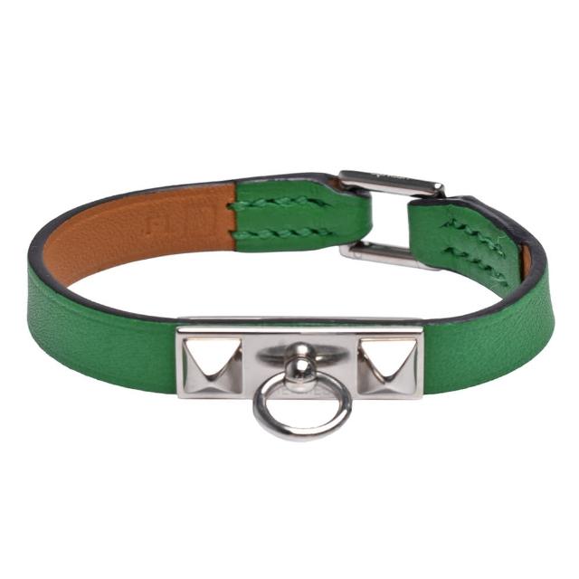 【Hermes 愛馬仕】經典Bracelet Rivale Mini系列金屬鉚釘小牛皮細版手環(綠/銀H081181CK-GREEN)