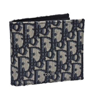 【Dior 迪奧】經典Oblique提花帆布內襯裡小牛皮摺疊零錢袋短夾(藍2OBBC027YSE_H05E)