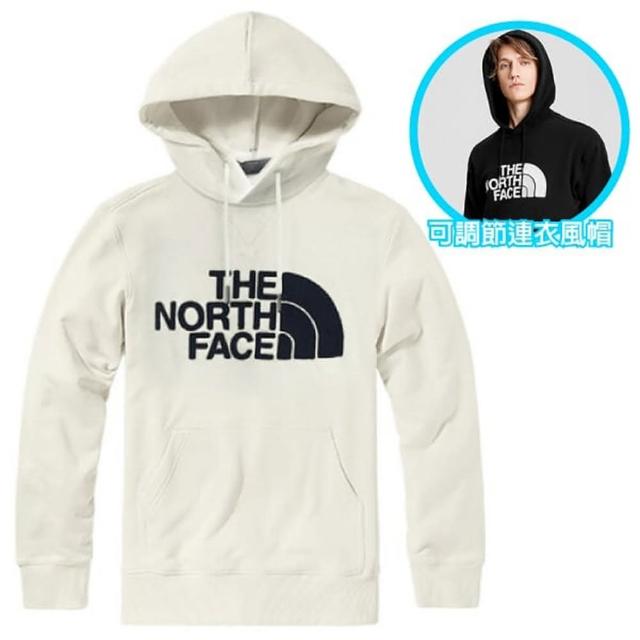【The North Face】中性款 經典大LOGO 彈性長袖可調節保暖連帽上衣.T恤_袋鼠式插手袋(4NEQ-FN4 白 V)
