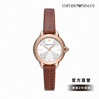 【EMPORIO ARMANI 官方直營】Mia 知性優雅仕女錶 棕色真皮錶帶手錶 32MM AR11525