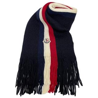 【MONCLER】品牌LOGO 三色羊毛流蘇圍巾(深藍色)