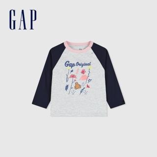 【GAP】女幼童裝 Logo小熊印花圓領長袖T恤-海軍藍(890332)
