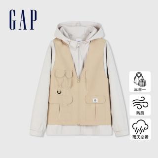 【GAP】男裝 Logo防風防雨三合一工裝連帽外套-卡其灰(876978)