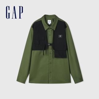 【GAP】男裝 Logo翻領長袖襯衫-軍綠色(876985)