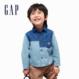 【GAP】男幼童裝 Logo純棉印花翻領長袖牛仔襯衫-藍色(463201)