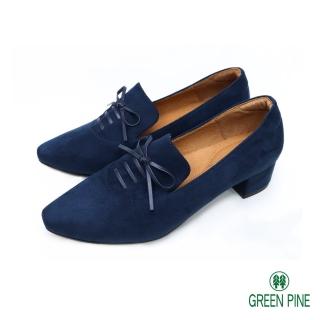 【GREEN PINE】尖頭絨布蝴蝶結樂福跟鞋深藍色(00657311)
