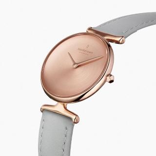 【Nordgreen】ND手錶 Unika 獨特 28mm 玫瑰金殼×磨砂金屬面 北極灰真皮錶帶(UN28RGLEGRBM)