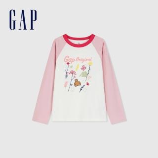 【GAP】女童裝 Logo小熊印花圓領長袖T恤-粉紅色(890403)