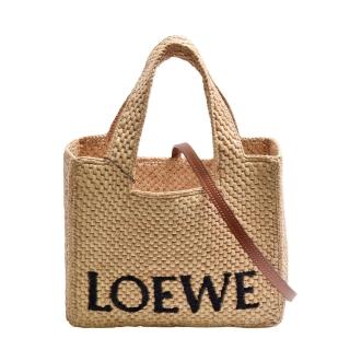 【LOEWE 羅威】經典品牌LOGO酒椰纖維編織設計手提/斜背包(小-自然色A685B59X03-2123)