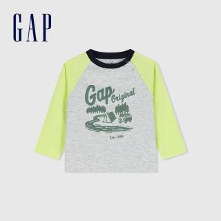 【GAP】男幼童裝 Logo印花圓領長袖T恤-黃灰撞色(890270)