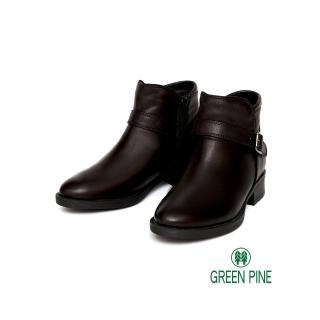 【GREEN PINE】率性皮帶扣小羊皮粗跟短靴黑色(00863168)