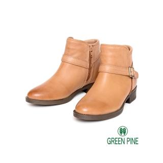 【GREEN PINE】率性皮帶扣小羊皮粗跟女短靴淺棕色(00863168)